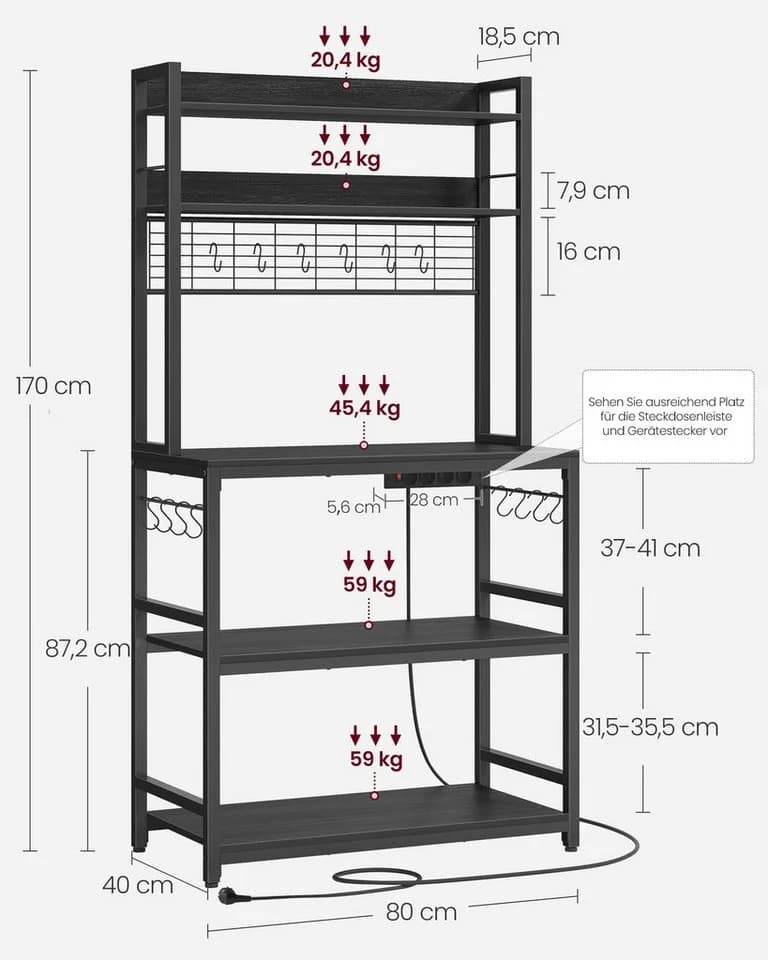 VASAGLE Küchenregal mit Steckdosen, 14 Haken, 40 x 80 x 170 cm Anthrazitgrau - Bild 3