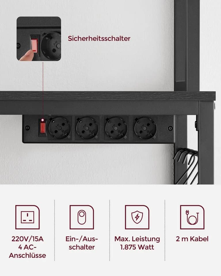 VASAGLE Küchenregal mit Steckdosen, 14 Haken, 40 x 80 x 170 cm Anthrazitgrau - Bild 4