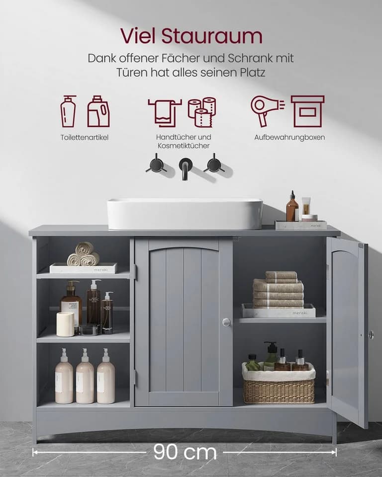 VASAGLE Waschbeckenunterschrank Unterschrank Badezimmerschrank extra lang, offene Fächer, höhenverstellbare Ablagen - Bild 4