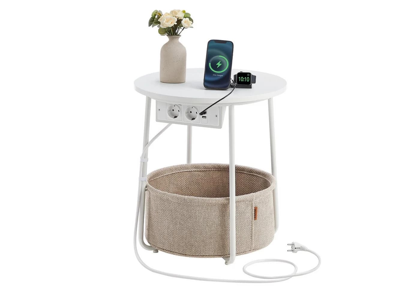 VASAGLE Beistelltisch rund mit Steckdose USB-Anschlüsse Stoffkorb 45 cm - Bild 2