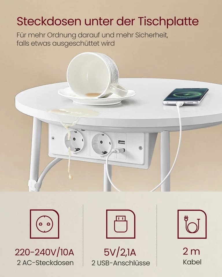 VASAGLE Beistelltisch rund mit Steckdose USB-Anschlüsse Stoffkorb 45 cm - Bild 4