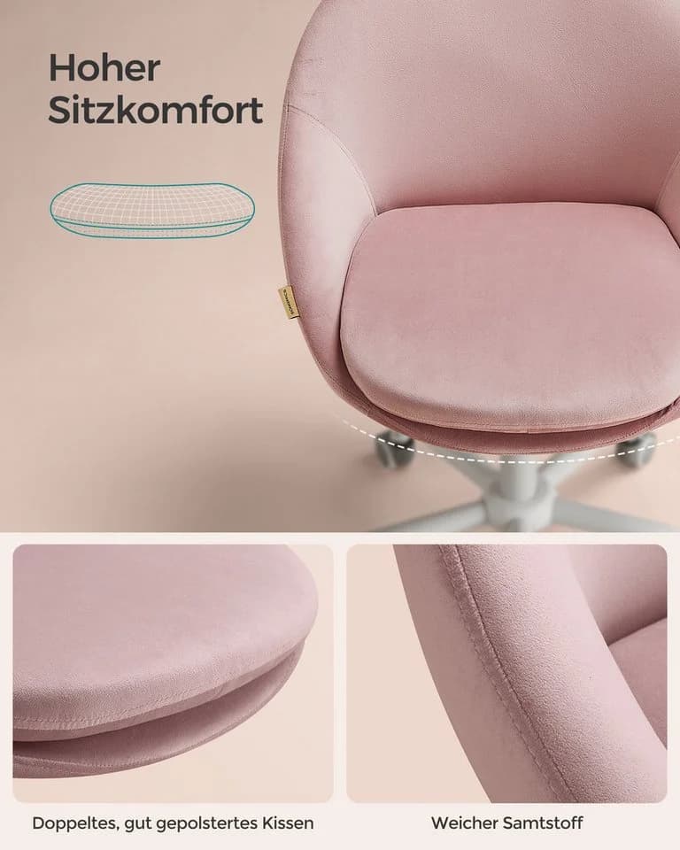 SONGMICS Bürostuhl Pastellrosa Schreibtischstuhl aus Samt für Schminktisch - Bild 4