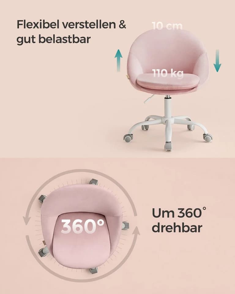 SONGMICS Bürostuhl Pastellrosa Schreibtischstuhl aus Samt für Schminktisch - Bild 5