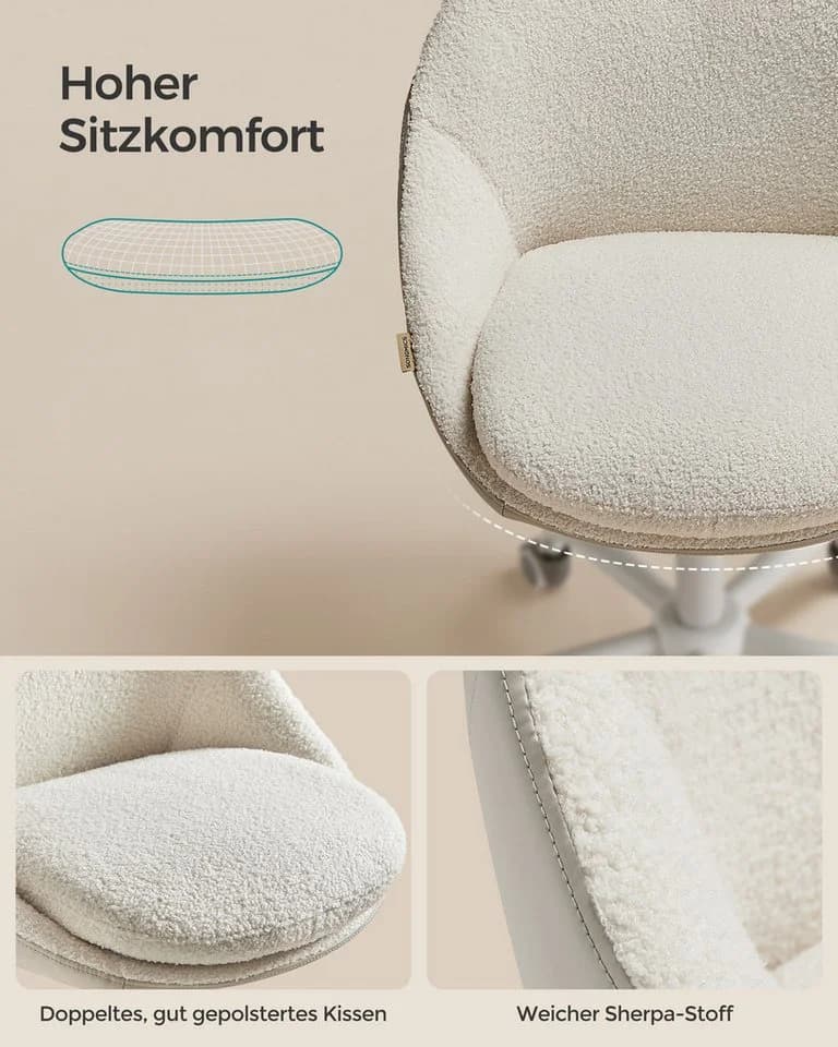 SONGMICS Bürostuhl Cappuccinobeige-Wolkenweiß Schreibtischstuhl Sherpa-Stoff - Bild 5