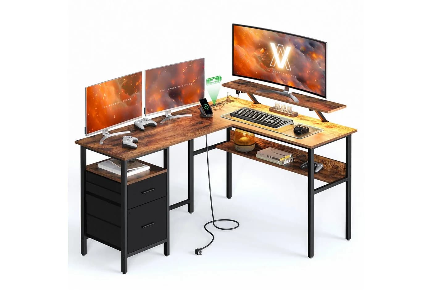 VASAGLE L-förmiger Schreibtisch mit Steckdosen, LED-Beleuchtung, USB-Anschlüsse - Bild 2