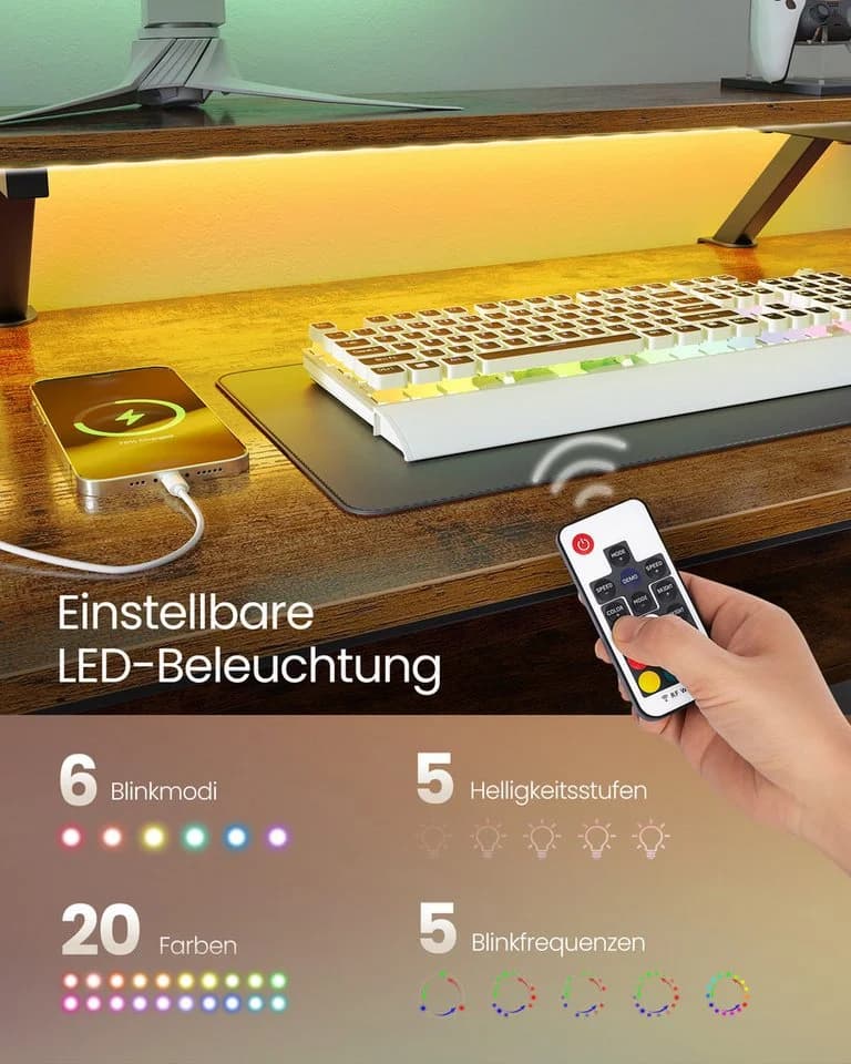VASAGLE L-förmiger Schreibtisch mit Steckdosen, LED-Beleuchtung, USB-Anschlüsse - Bild 3