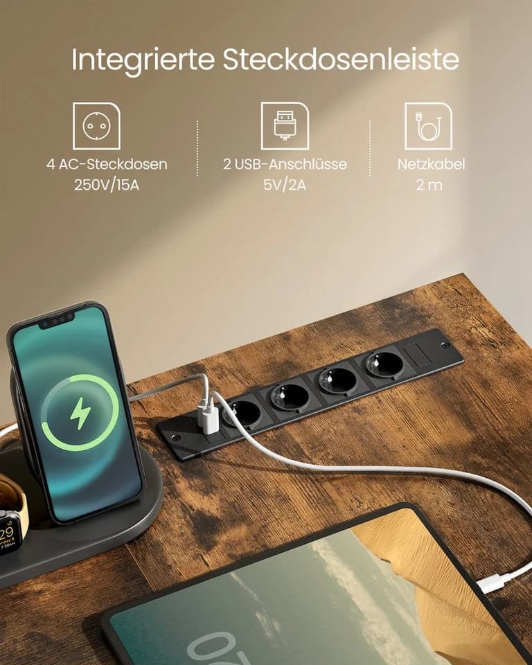 VASAGLE L-förmiger Schreibtisch mit Steckdosen, LED-Beleuchtung, USB-Anschlüsse - Bild 4