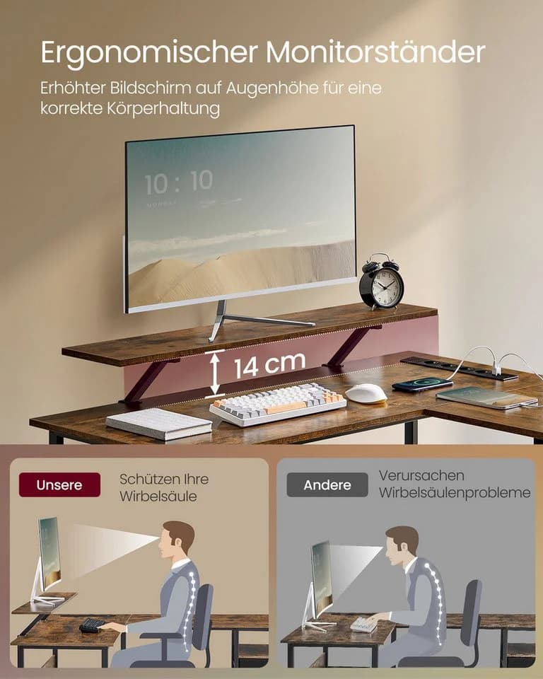 VASAGLE L-förmiger Schreibtisch mit Steckdosen, LED-Beleuchtung, USB-Anschlüsse - Bild 5