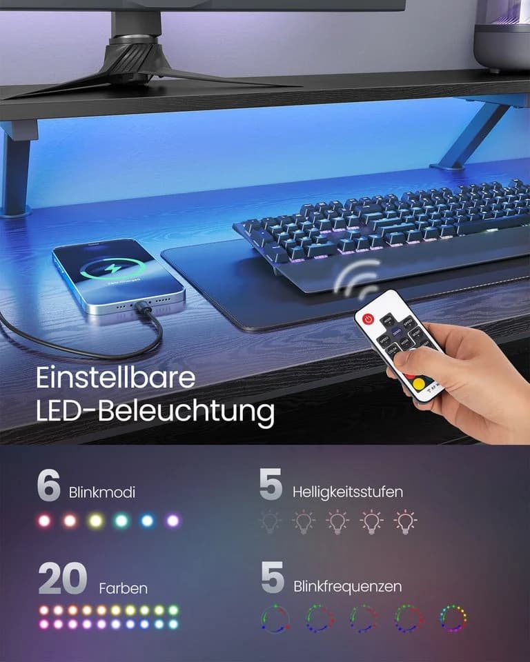 VASAGLE L-förmiger Schreibtisch mit Steckdosen, LED-Beleuchtung, USB-Anschlüsse Ebenholzschwarz - Bild 3