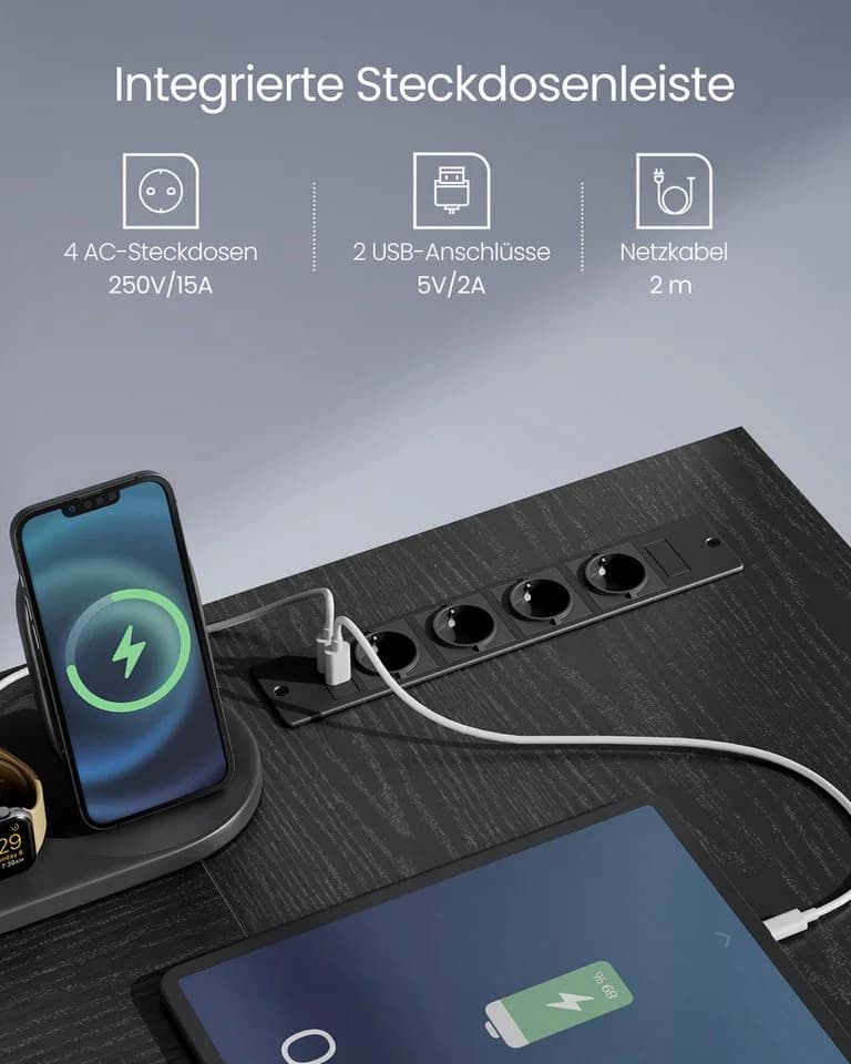 VASAGLE L-förmiger Schreibtisch mit Steckdosen, LED-Beleuchtung, USB-Anschlüsse Ebenholzschwarz - Bild 4