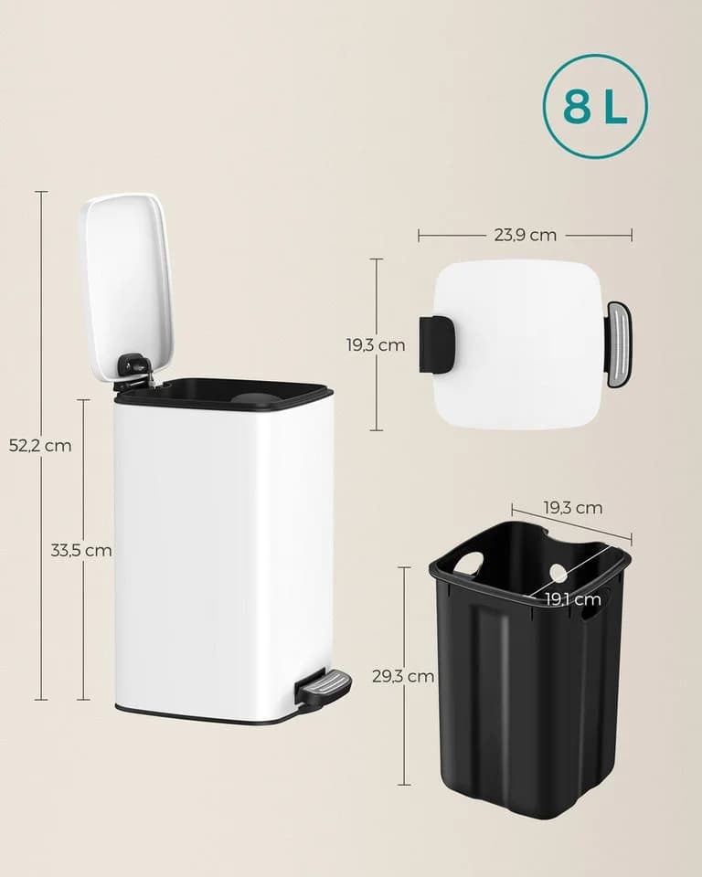 SONGMICS Tretmülleimer Bad 8L Weiß Softclose Pedal - Bild 5