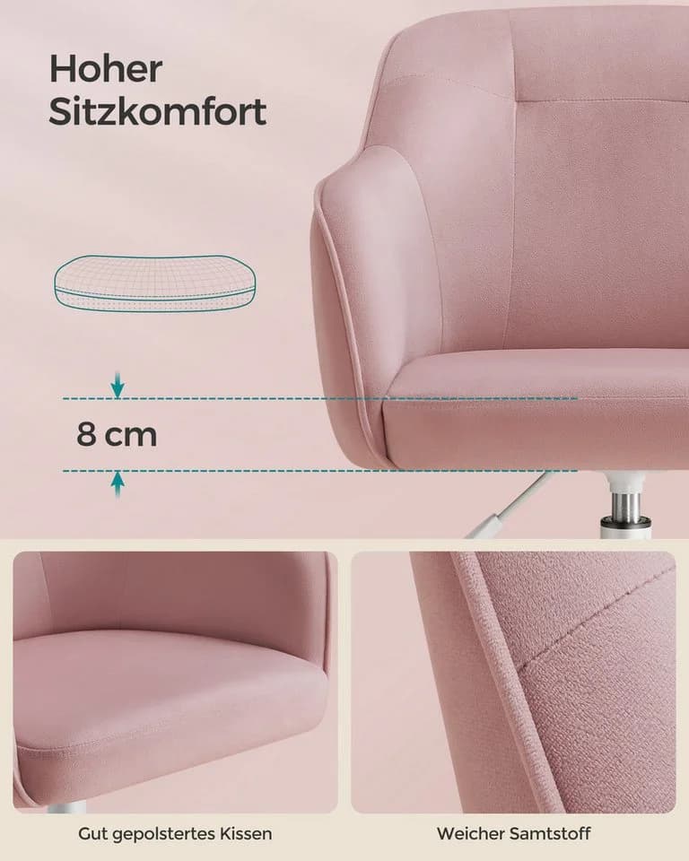 SONGMICS Bürostuhl Pastellrosa Höhenverstellbar Samt - Bild 5