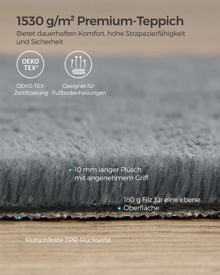 SONGMICS HOME Wohnzimmerteppich Rechteck Rutschfest Maschinenwaschbar Modern Grau - Bild 5
