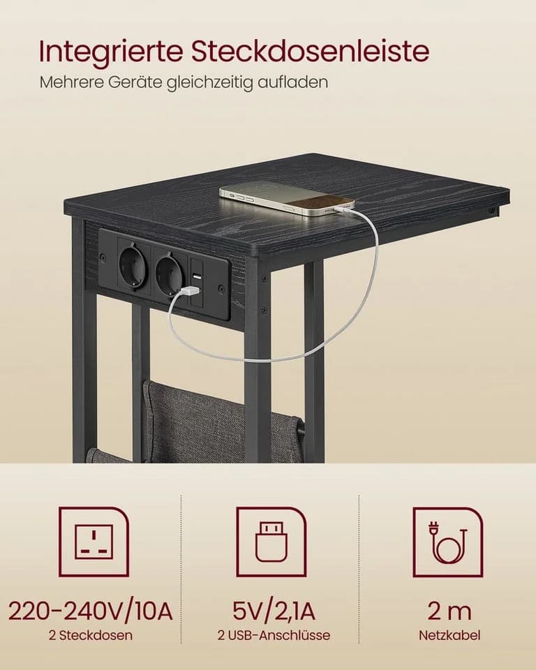VASAGLE Beistelltisch mit Steckdose, für kleine Räume, 2 USB-Anschlüsse, 30 x 40 x 62 cm - Bild 4