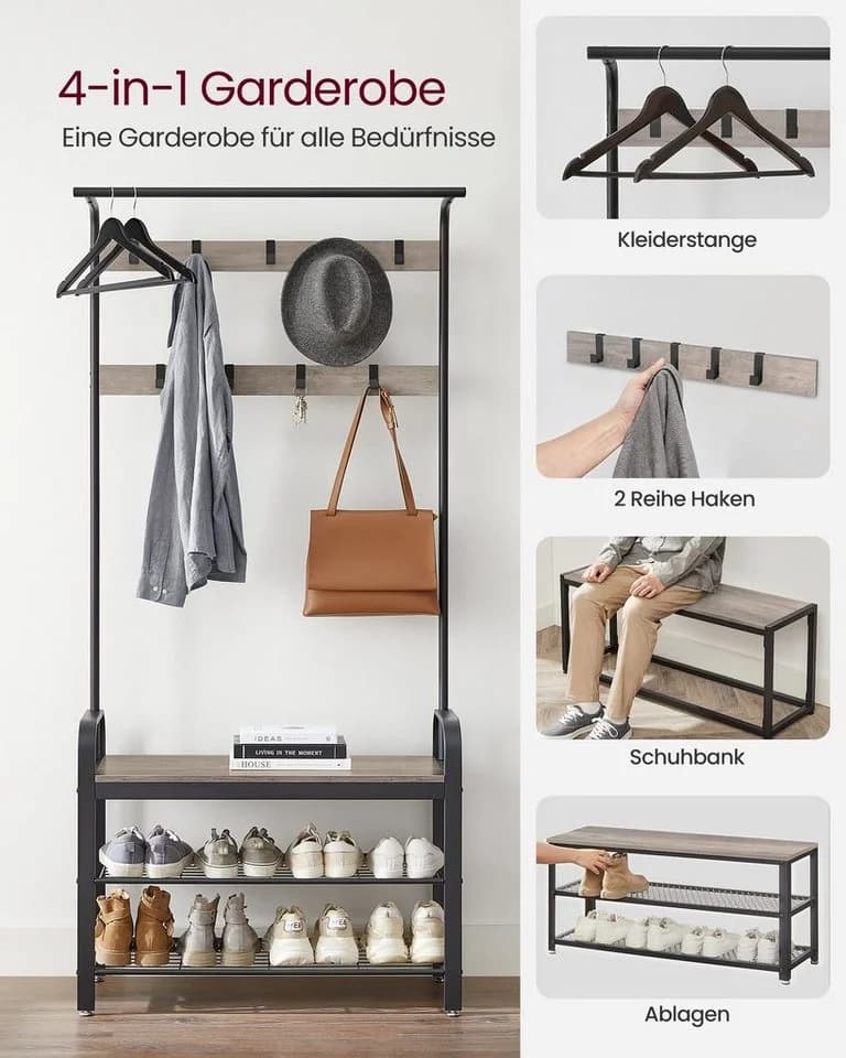 VASAGLE Garderobenständer mit Sitzfläche und 2 Gitterablagen - Bild 3