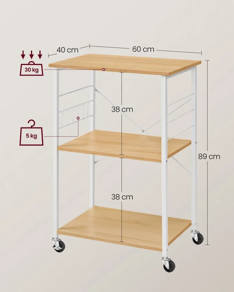 VASAGLE Servierwagen Küchenwagen 3 Ebenen 6 Haken - Bild 3