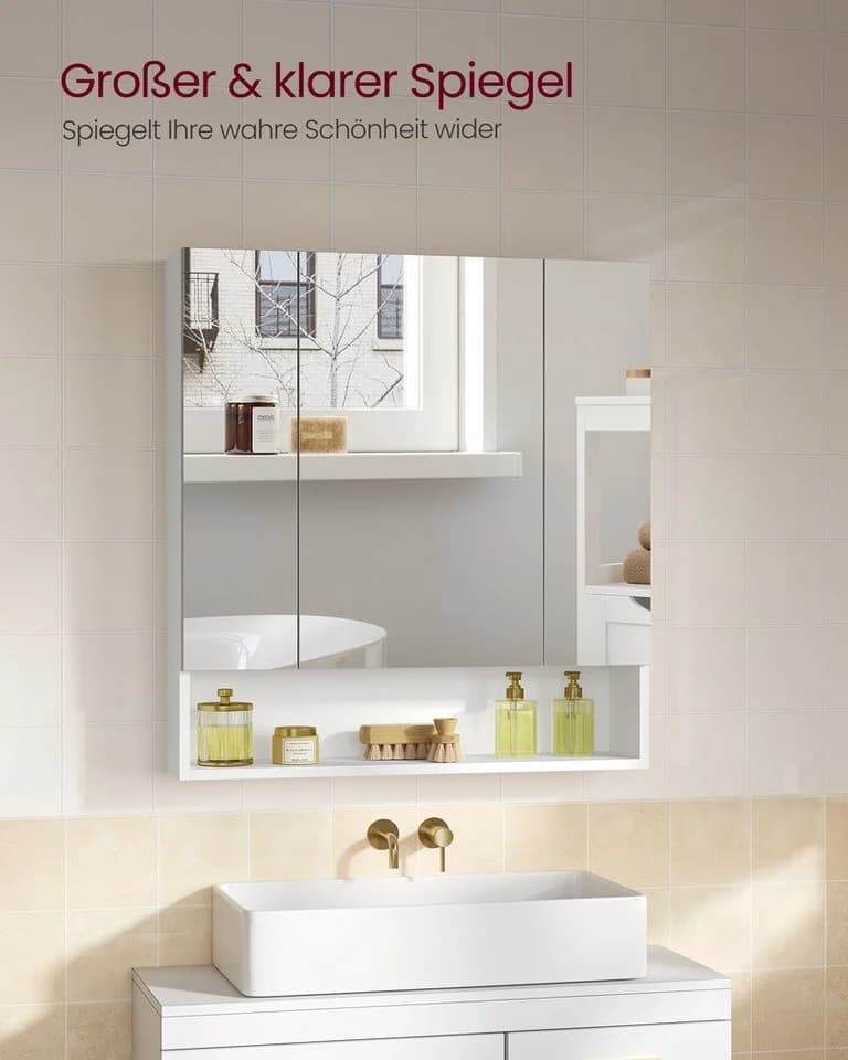 VASAGLE Spiegelschrank Badschrank 70-90cm 3 Türen Wolkenweiß - Bild 3
