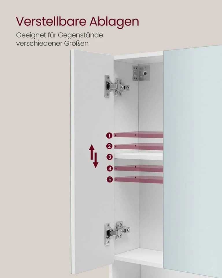 VASAGLE Spiegelschrank Badschrank 70-90cm 3 Türen Wolkenweiß - Bild 5