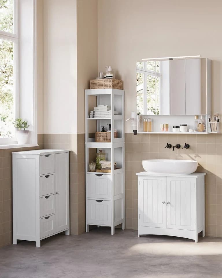 VASAGLE Badmöbel-Set 4er Set 2 Badezimmerschränke 1 Waschbeckenunterschrank 1 Spiegelschrank Weiß - Bild 1