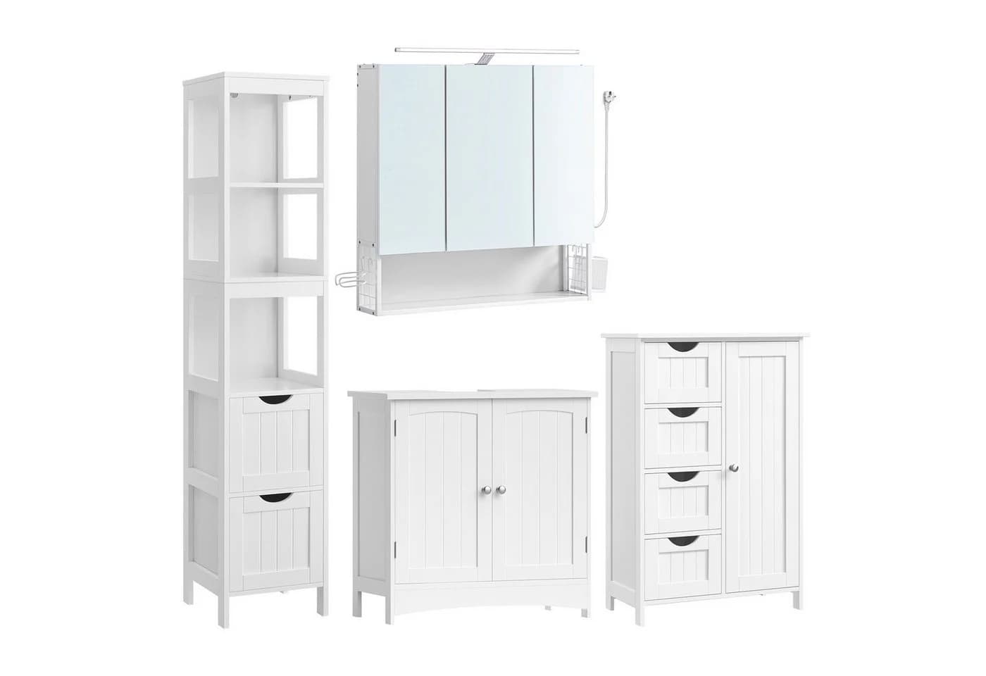VASAGLE Badmöbel-Set 4er Set 2 Badezimmerschränke 1 Waschbeckenunterschrank 1 Spiegelschrank Weiß - Bild 2