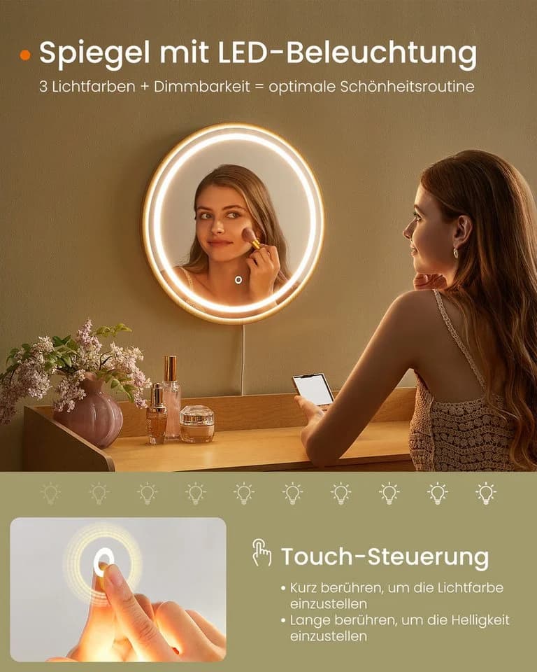 SONGMICS HOME Schminktisch Kosmetiktisch Beige mit Spiegel Beleuchtung 3 Schubladen - Bild 5