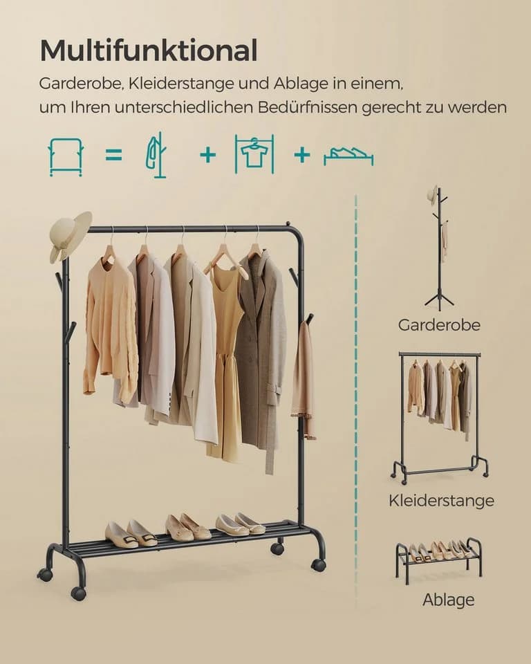SONGMICS Kleiderständer Garderobenständer auf Rollen 50 kg Tintenschwarz - Bild 3