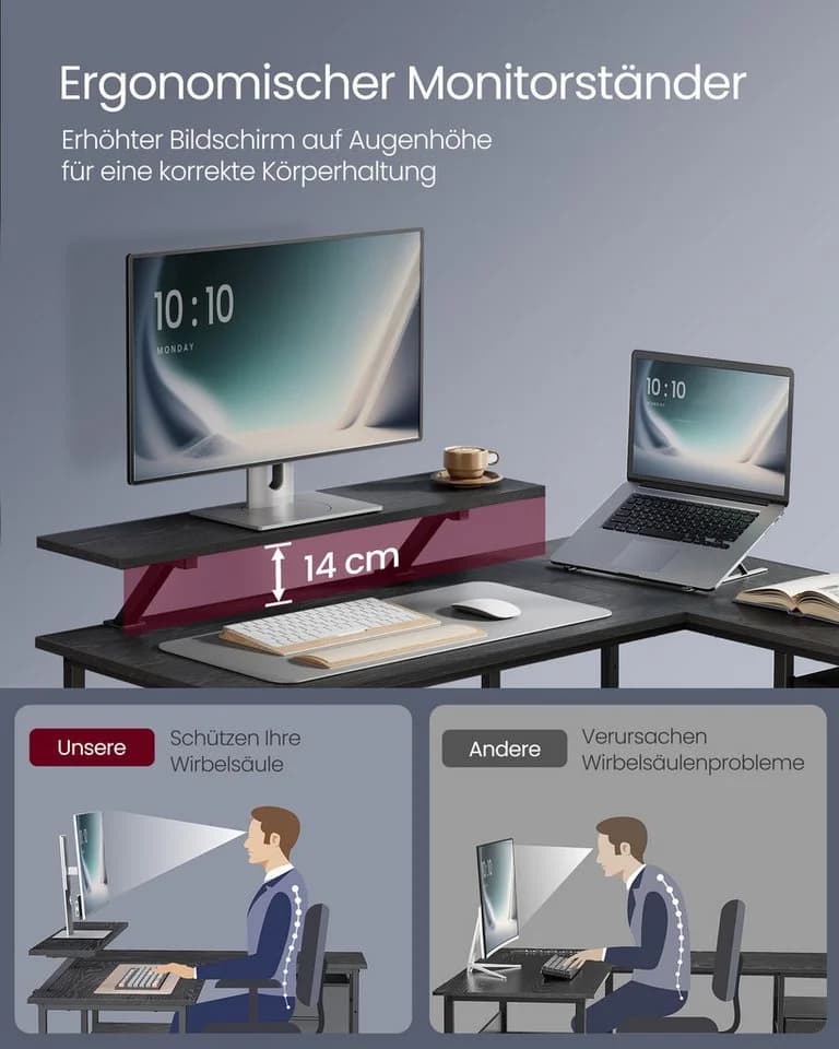 VASAGLE Eckschreibtisch L-Form mit verstellbarer Ablage und Monitorständer - Bild 5