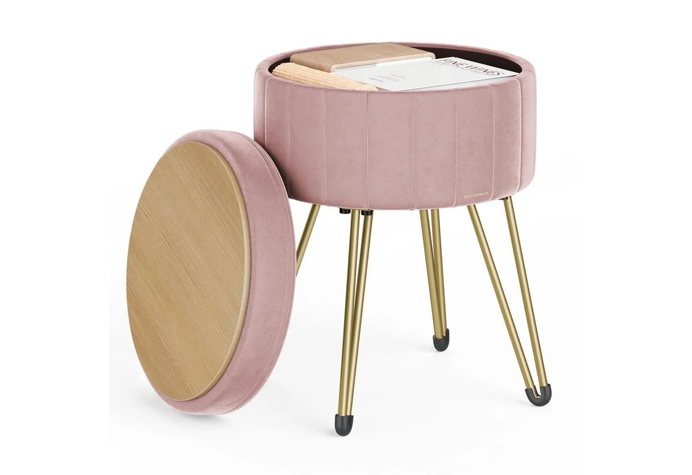 SONGMICS Sitzhocker Schminkhocker Samt 4 Metallbeine Pastellrosa