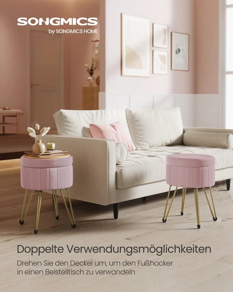 SONGMICS Sitzhocker Schminkhocker Samt 4 Metallbeine Pastellrosa - Bild 3