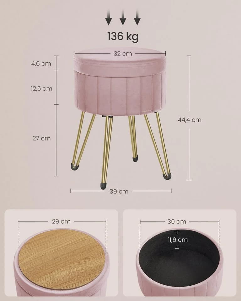 SONGMICS Sitzhocker Schminkhocker Samt 4 Metallbeine Pastellrosa - Bild 5