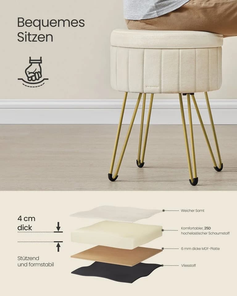 SONGMICS Sitzhocker Schminktischhocker Samt 4 Metallbeine Cremeweiß - Bild 4