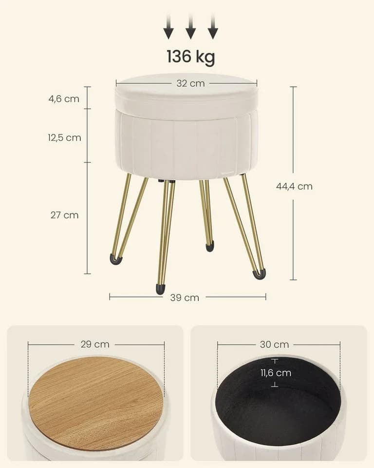 SONGMICS Sitzhocker Schminktischhocker Samt 4 Metallbeine Cremeweiß - Bild 5