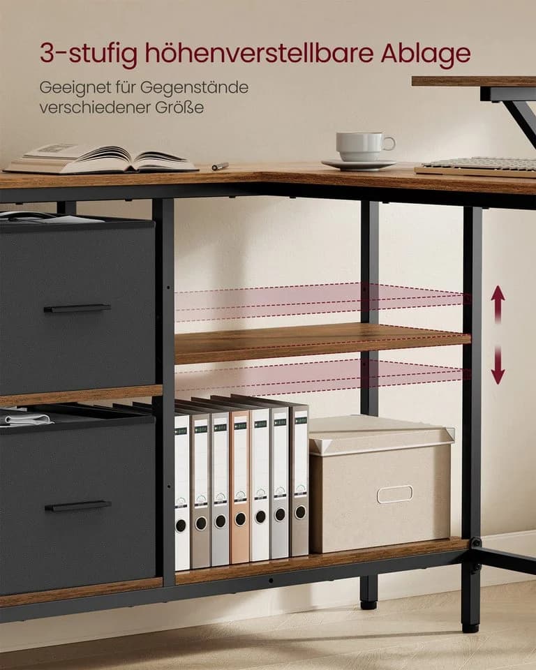 VASAGLE Eckschreibtisch L-Form mit verstellbarer Ablage und Monitorständer, 115/135 cm - Bild 4