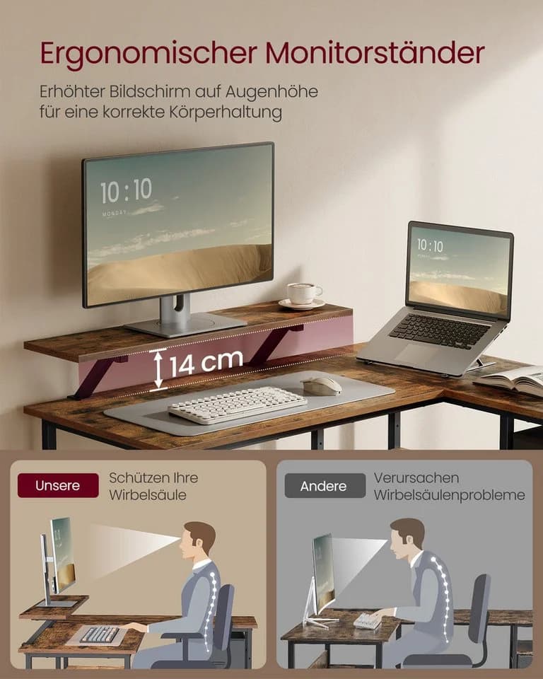 VASAGLE Eckschreibtisch L-Form mit verstellbarer Ablage und Monitorständer, 115/135 cm - Bild 5