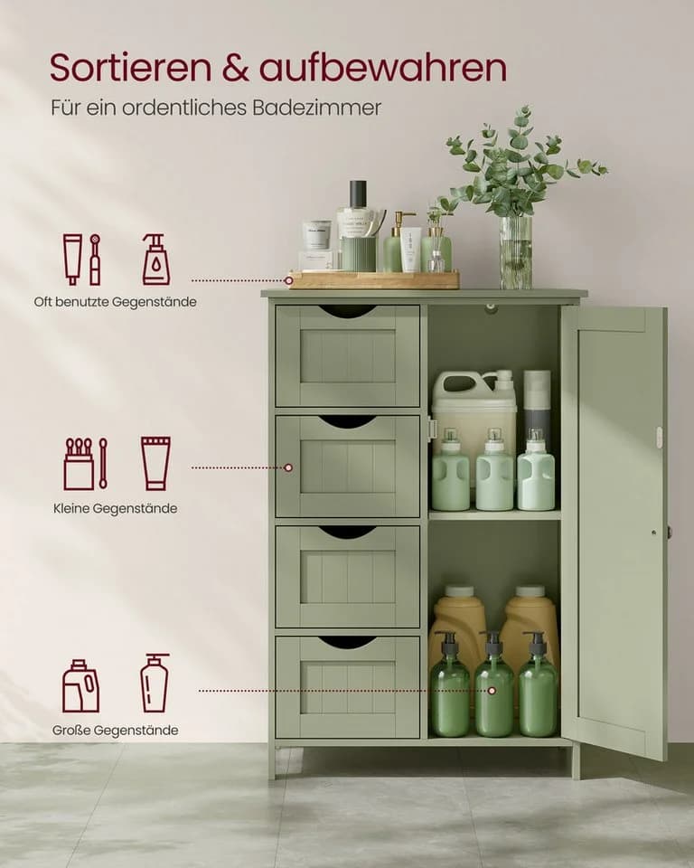 VASAGLE Badmöbel-Set Badezimmerschrank Lorbeergrün 4 Schubladen