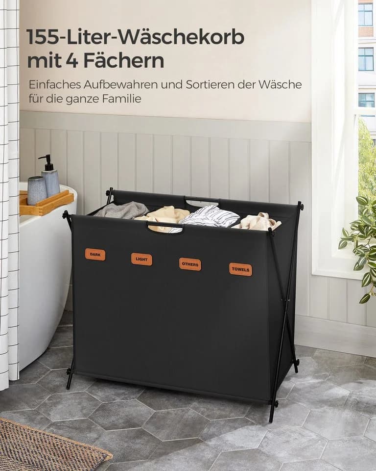 SONGMICS Wäschekorb 4 Fächer 155L Schwarz Klappbar - Bild 3