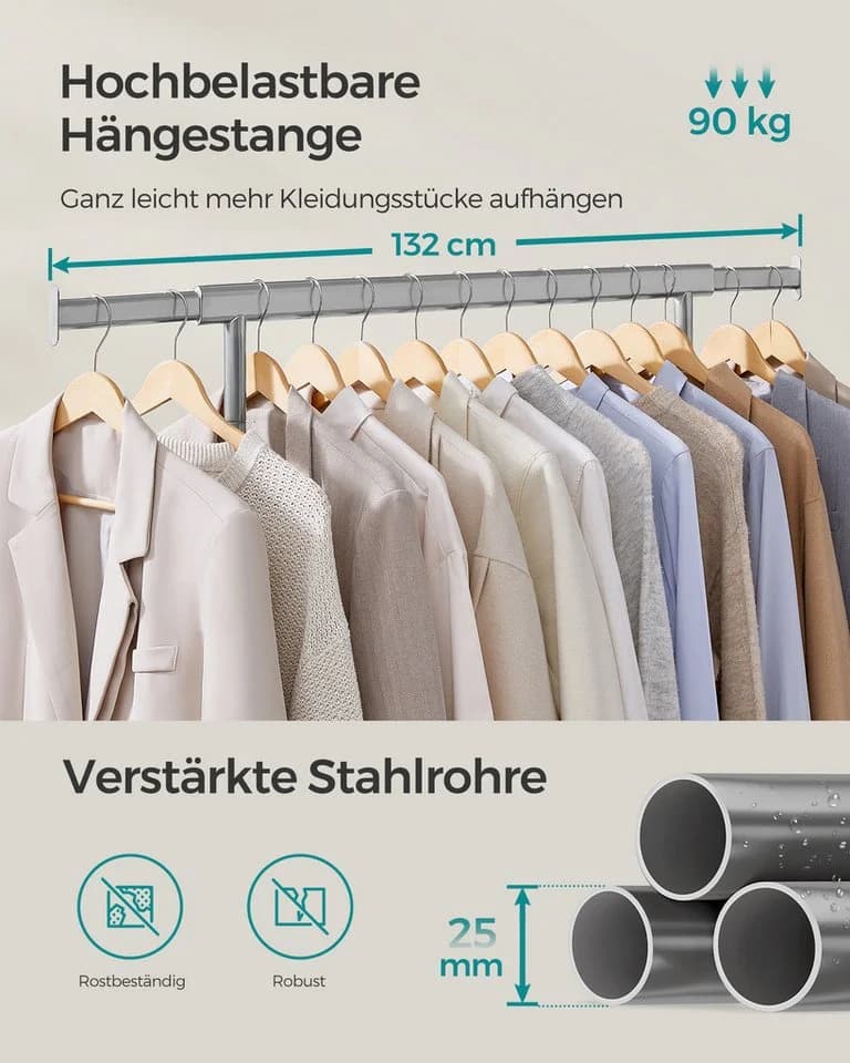 SONGMICS Kleiderständer auf Rollen, bis 90 kg belastbar, Taubengrau - Bild 4