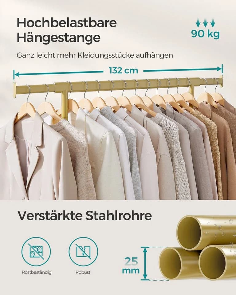 SONGMICS Kleiderständer Garderobenständer auf Rollen Helles Gold 90 kg - Bild 4