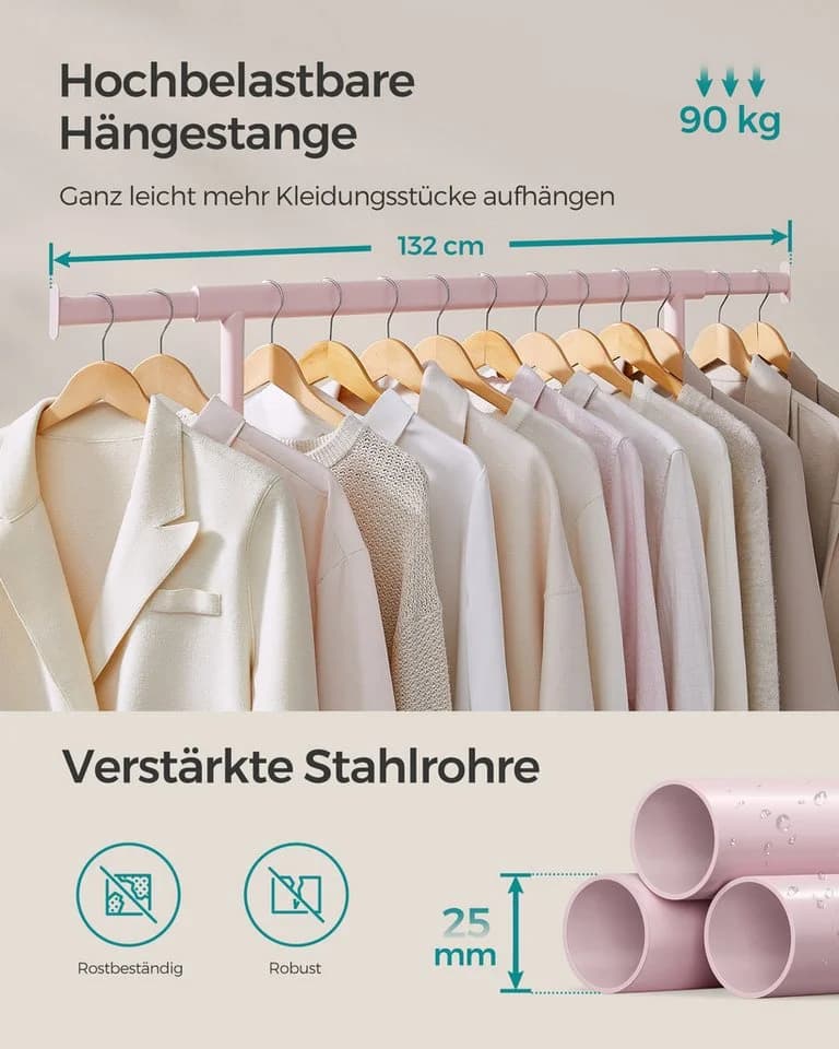 SONGMICS Kleiderständer Garderobenständer auf Rollen bis 90 kg belastbar Pastellrosa - Bild 4