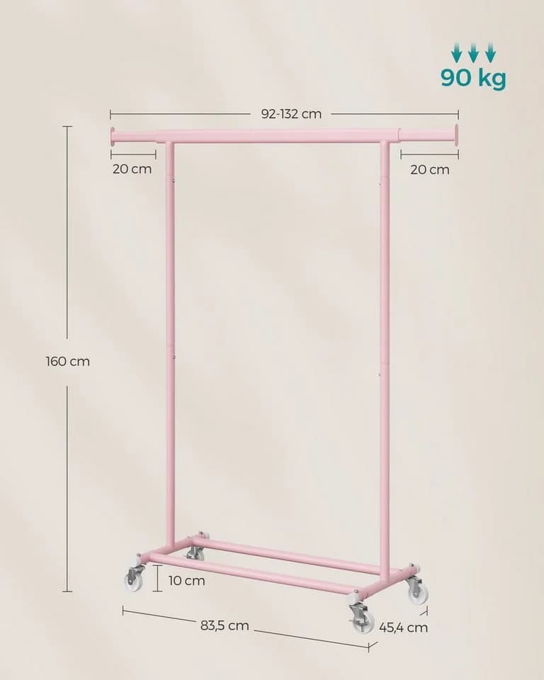 SONGMICS Kleiderständer Garderobenständer auf Rollen bis 90 kg belastbar Pastellrosa - Bild 5