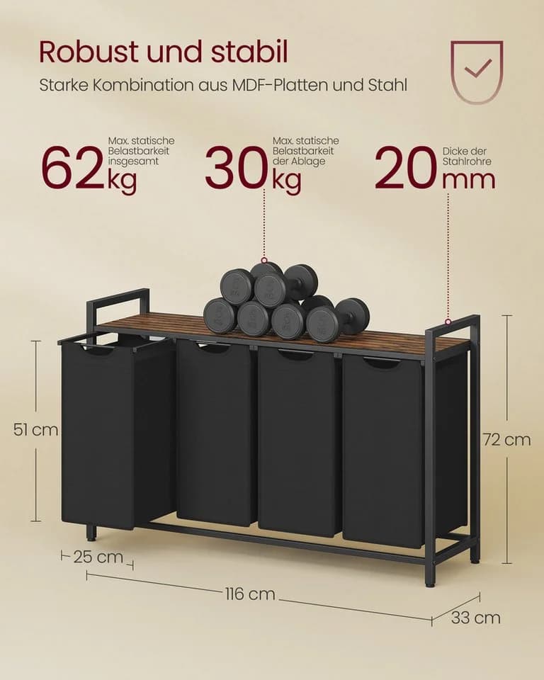 VASAGLE Wäschekorb 4 Fächer mit Ablage Braun Schwarz - Bild 5