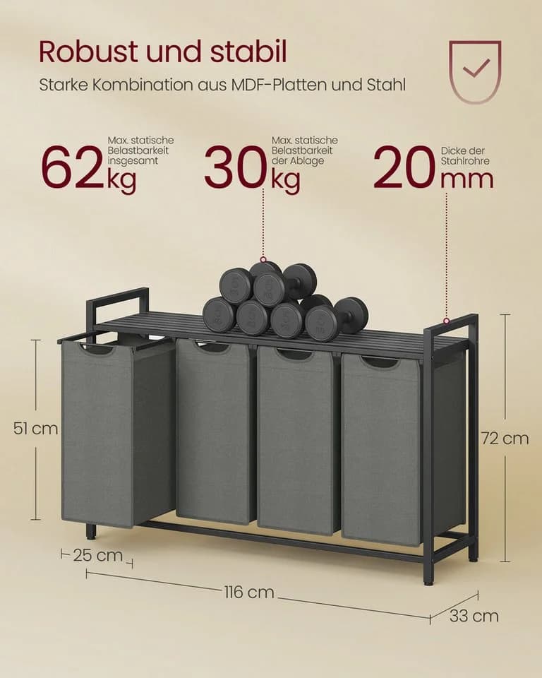 VASAGLE Wäschekorb 4 Fächer mit Ablage ausziehbar abnehmbar 4/5 x 40 L - Bild 5