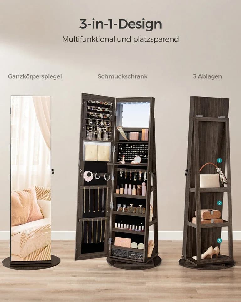 SONGMICS Schmuckschrank mit LED, Spiegel, 360° drehbar, 3 Ablagen - Bild 3