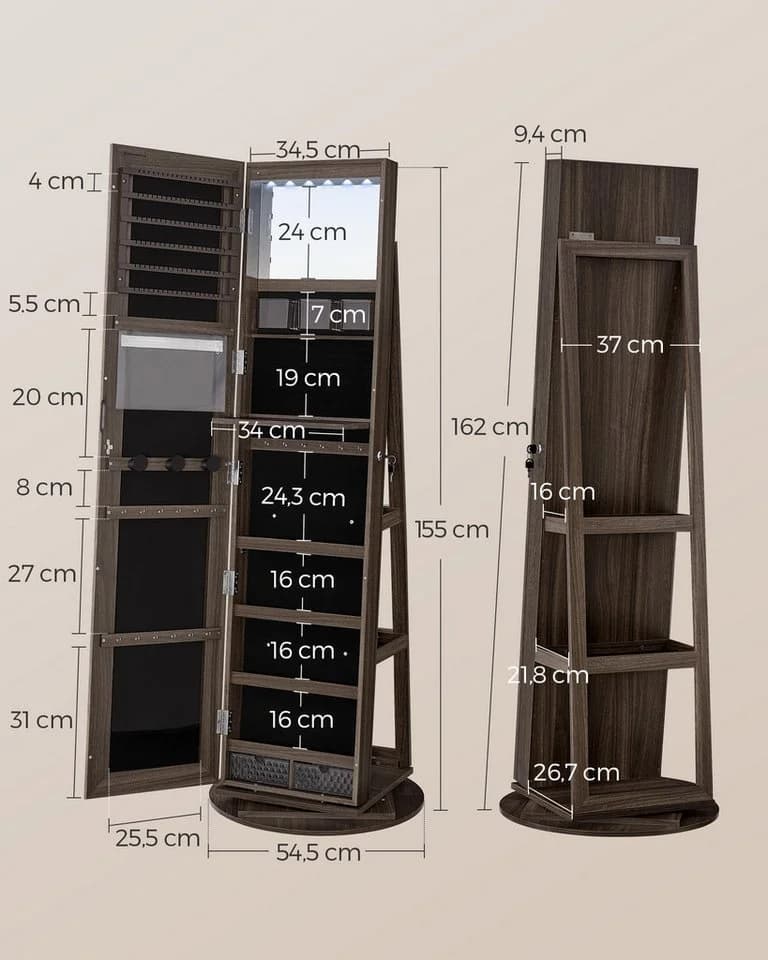SONGMICS Schmuckschrank mit LED, Spiegel, 360° drehbar, 3 Ablagen - Bild 5