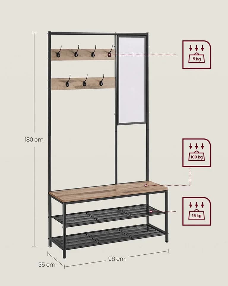 VASAGLE Garderobenständer mit 7 Haken, Spiegel, 35 x 98 x 180 cm - Bild 5