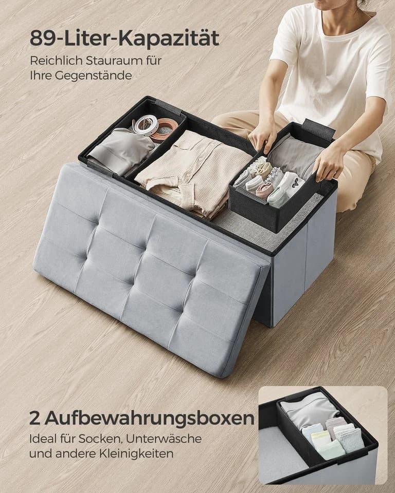 SONGMICS Sitzhocker Aufbewahrungshocker Samtige Klappbare Sitztruhe 76 cm Schwarz/Grau - Bild 5