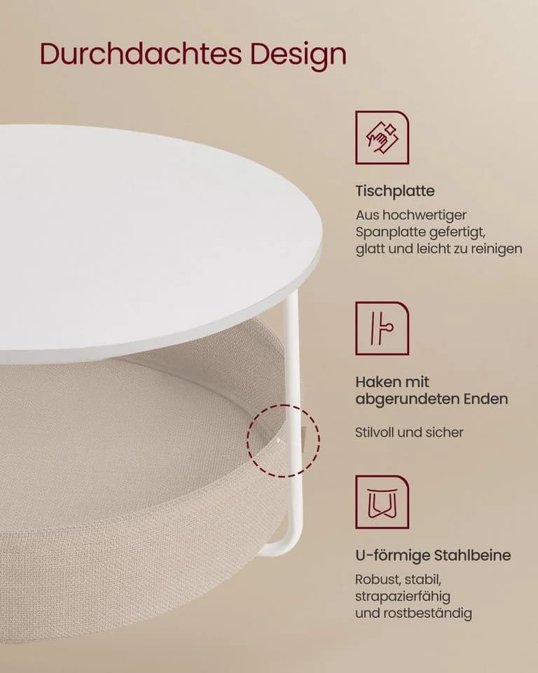 VASAGLE Couchtisch Beistelltisch Rund Wohnzimmertisch Stoffkorb Mattweiß-Kamelbraun - Bild 5