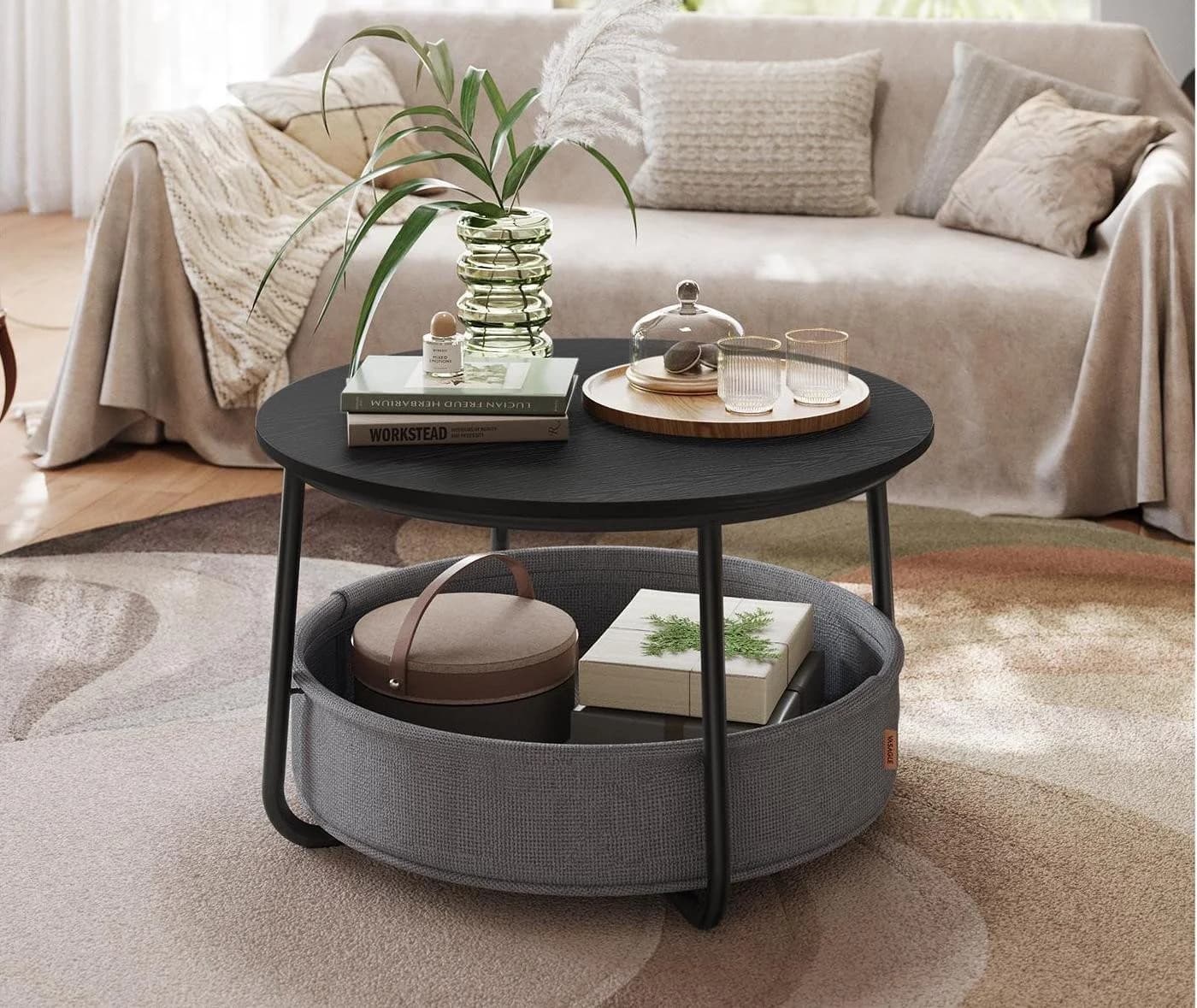 VASAGLE Couchtisch Beistelltisch Rund Wohnzimmertisch Stoffkorb Schwarz/Grau - Bild 2