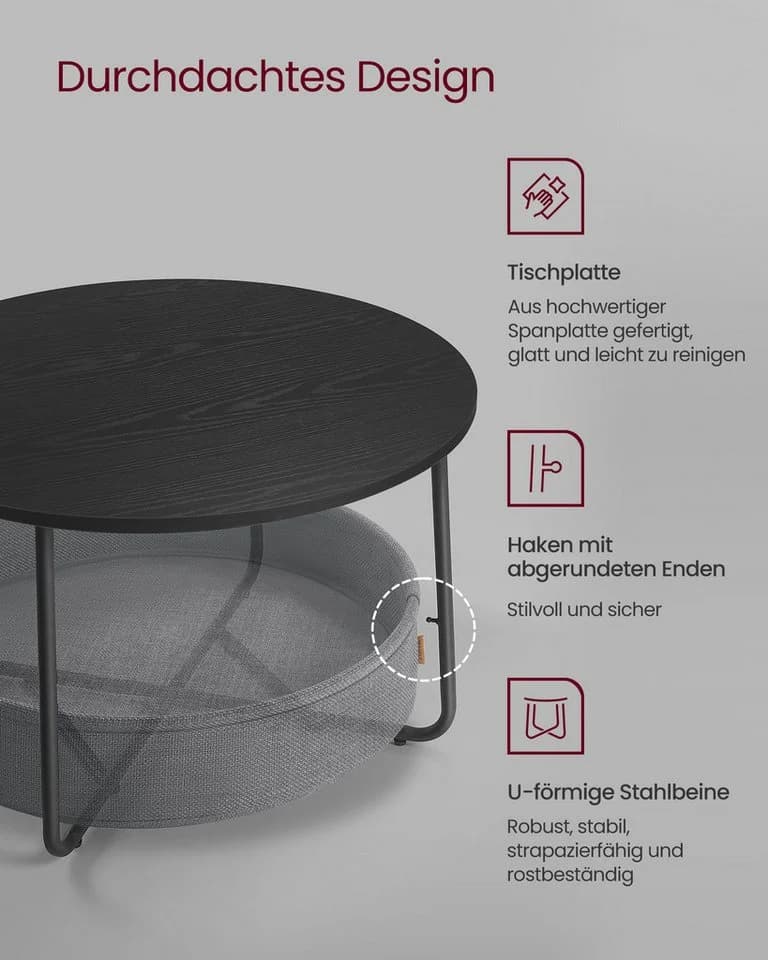 VASAGLE Couchtisch Beistelltisch Rund Wohnzimmertisch Stoffkorb Schwarz/Grau - Bild 3