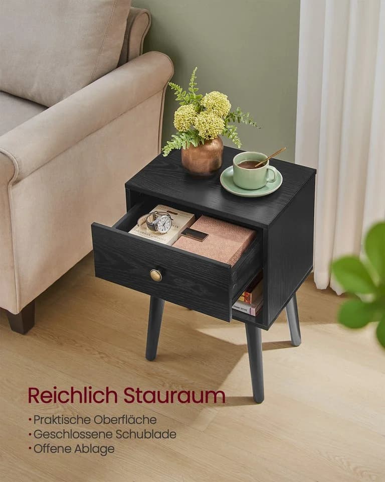 VASAGLE Nachttisch 2-St. Beistelltisch mit Schublade, offene Ablage, Holzbeine - Bild 3